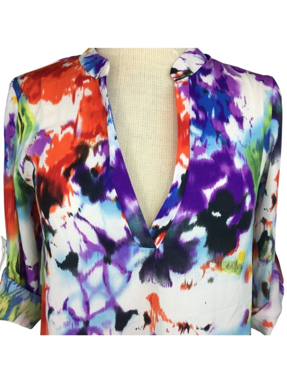 Chelsea Taylor Womens Top Small Watercolor V-neck Tab Sleeve Hi Low Hem Colorful - Picture 3 of 11